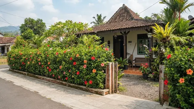 Model pagar hidup dari tanaman yang bikin rumah lebih sejuk dan privat menggunakan kembang sepatu
