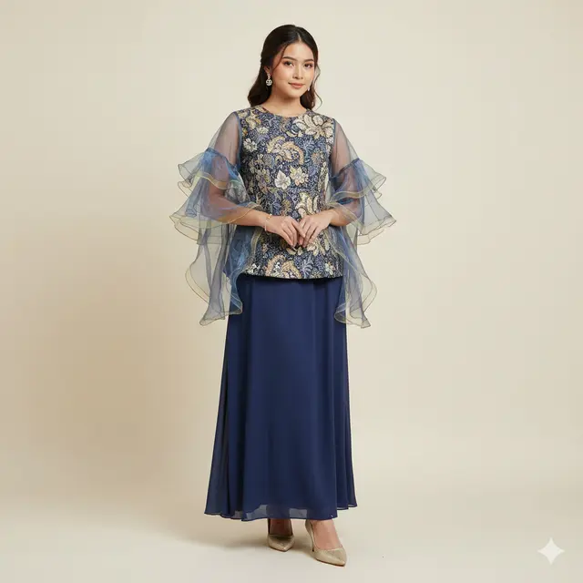 Model Blouse Batik Kombinasi Organza Lengan Bishop untuk Pesta Keluarga. Gemini