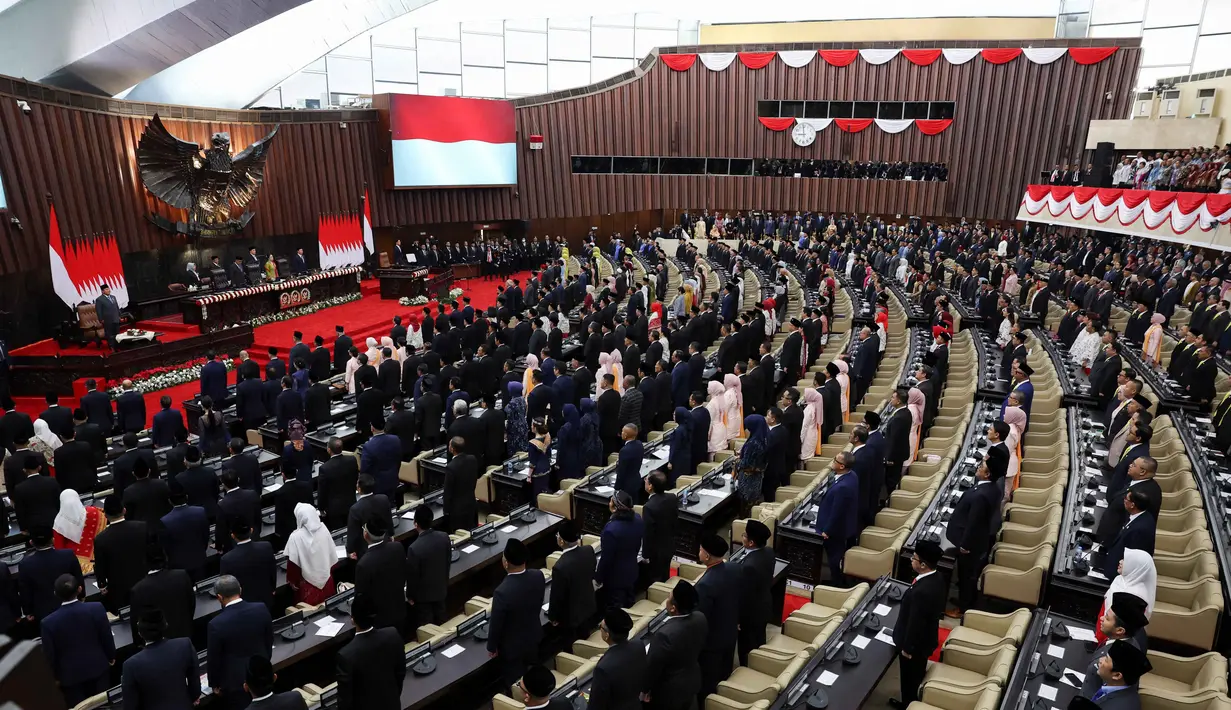Dalam Rapat Paripurna DPR Masa Persidangan I Tahun Sidang 2025-2026, Presiden Prabowo Subianto juga akan menyampaikan pidato kenegaraan dalam rangka penyampaian pengantar atas RUU tentang APBN Tahun Anggaran 2026 beserta nota keuangan dan dokumen pendukungnya. (Ajeng Dinar Ulfiana/POOL/AFP)
