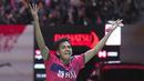 <p>Pebulutangkis Tunggal Putra Indonesia, Chico Aura Dwi Wardoyo meluapkan kegembiraan usai mengalahkan Angus Ng Ka Long dari Hong Kong pada pertandingan semifinal Indonesia Masters 2023 di Istora Senayan, Jakarta, Jumat (27/1/2023). Chico Aura melangkah ke final Indonesia Masters 2023 usai menang 17-21, 27-25, 22-20 dalam waktu 83 menit. (AP Photo/Tatan Syuflana)</p>