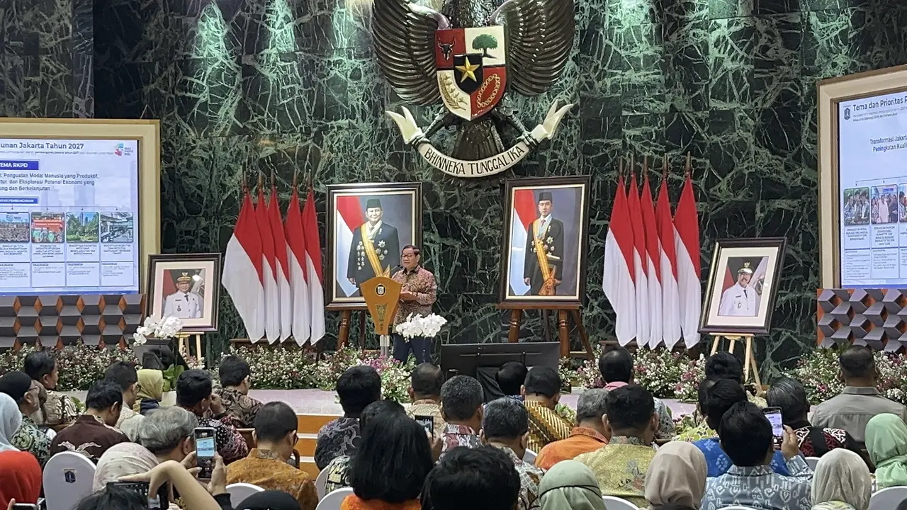 Gubernur DKI Jakarta Pramono Anung di Musyawarah Perencanaan Pembangunan (Musrenbang) RKPD DKI Jakarta 2027 di Balai Kota, Kamis (16/4/2026) (Liputan6.com/Winda Nelfira)