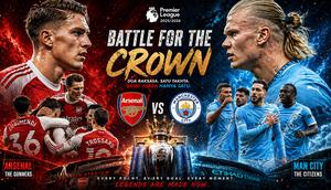 Cover persaingan juara Arsenal versus Manchester City di Premier League musim ini. (AFP/AP/Bola.com/ChatGPT)