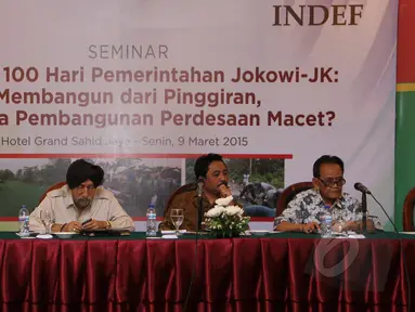 Sebuah seminar dengan tajuk "Evaluasi 100 Hari Pemerintahan Jokowi-JK. Membangun dari Pinggiran, Mengapa Pembangunan Perdesaan Macet?", digelar di Hotel Grand Sahid, Jakarta, Senin (9/3/2015). (Liputan6.com/Helmi Afandi)