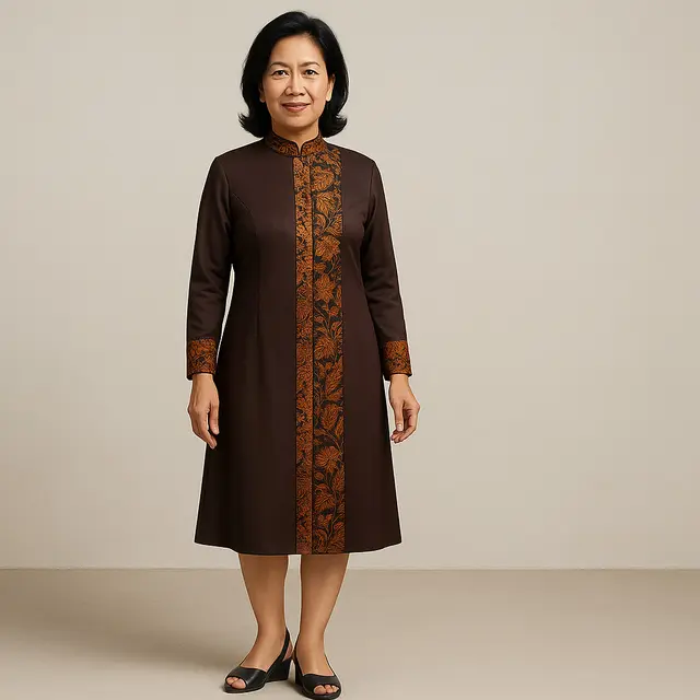 Model Dress Batik Kombinasi Polos Lengan Panjang untuk Ibu-ibu 50 Tahun/Ilustrasi gambar oleh AI
