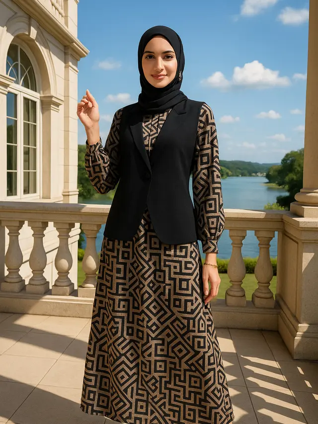 Rekomendasi Gamis Motif dengan Rompi Polos