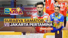 Berita video highlights laga final four Proliga 2022 kategori putra antara Surabaya Bhayangkara Samator melawan Jakarta Pertamina Pertamax, Minggu (13/3/2022) siang hari WIB.