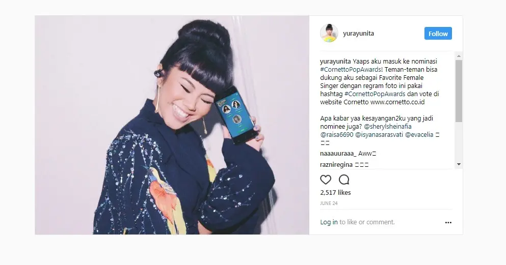 Yura Yunita antusias masuk nominasi Cornetto Pop Awards. (Instagram/yurayunita)