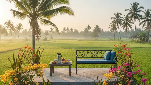 Desain Teras Rumah dengan Taman Mini di Desa. AI