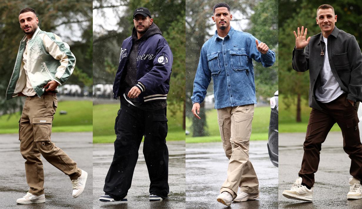 (Kanan ke kiri) Pemain Timnas Prancis, Jonathan Clauss, Theo Hernandez, William Saliba, dan Lucas Digne saat tiba untuk persiapan pertandingan kualifikasi UEFA Nations League di Clairefontaine-en-Yvelines pada 7 Oktober 2024. (AFP/Franck Fife)