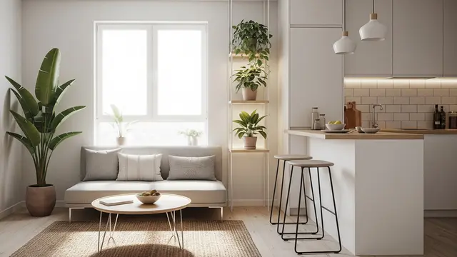 Desain Ruang Keluarga dan Ruang Dapur Tanpa Sekat di Rumah Kecil (AI)