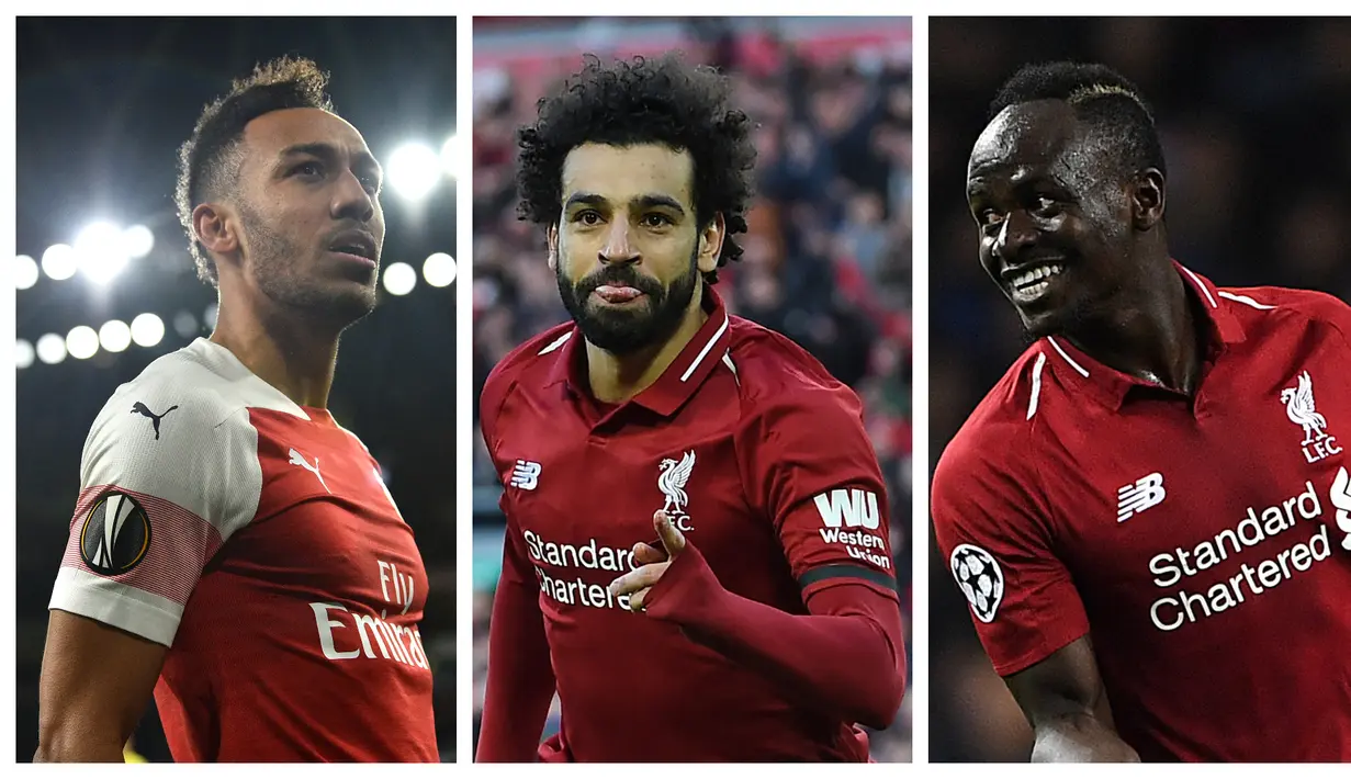 Foto kolase pemain Arsenal, Perre Emerick Aubameyang (kiri), pemain Liverpool, Mohamed Salah (tengah), dan pemain Liverpool, Sadio Mane saat melakukan selebrasi setelah mencetak gol. Ketiga pemain ini berhasil menjadi pencetak gol terbanyak Liga Inggris 2018/2019 dengan melesatkan 22 gol. (AFP/Paul Ellis & AFP/Glyn Kirk)