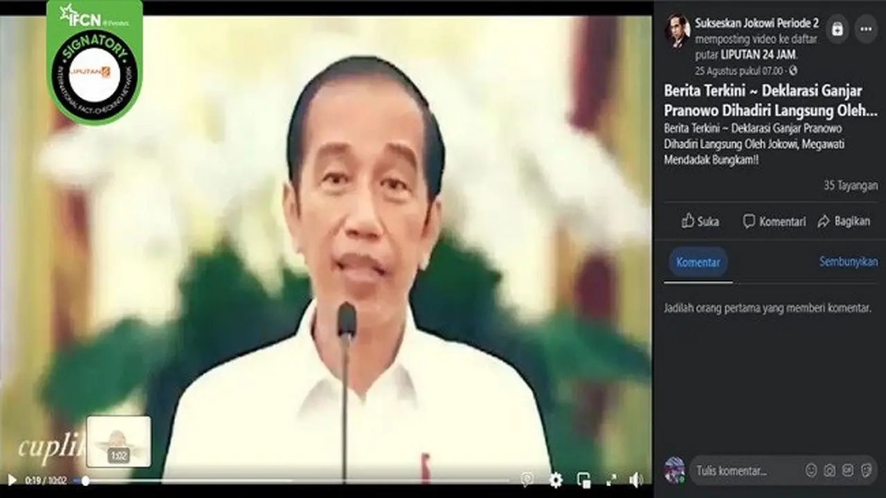 Gambar Tangkapan Layar Video yang Diklaim Jokowi Menghadiri Deklarasi Ganjar Pranowo Sebagai Calon Presiden (sumber: Facebook).