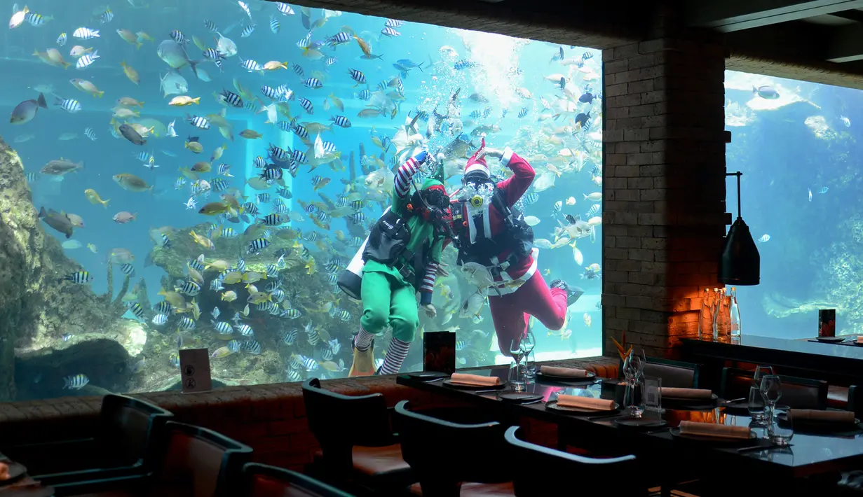 Penyelam yang mengenakan pakaian Sinterklas dan peri berpose dalam akuarium di Koral Restaurant, Sawangan, Nusa Dua, Bali, Kamis (23/12/2021). Koral Restaurant memiliki pemandangan serta interior yang menawan, ditambah hidangan dan pelayanannya yang baik. (SONY TUMBELAKA/AFP)