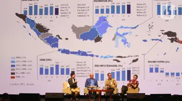 Chief Economist PT BNI Tbk Ryan Kiryanto (kanan) bersama Managing Director Head of Digital Banking & Deputy Head of Consumer Banking Group PT Bank DBS Indonesia Leonardo Koesmanto dan Direktur PT BRI Indra Utoyo berdiskusi dalam IDC 2019 di Jakarta, Kamis (28/11/2019) . (Liputan6.com/Angga Yuniar)