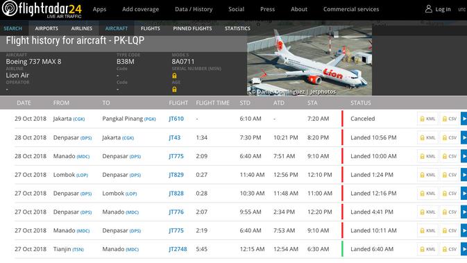 Data penerbangan Boeing 737 MAX 8 dengan nomor registrasi PK-LQP yang dioperasikan Lion Air (Flightradar24)