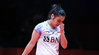 Tunggal putri Indonesia, Gregoria Mariska Tunjung, bertanding melawan pemain Korea Selatan, An Se-young, pada fase grup BWF World Tour Finals di Hangzhou, China, Kamis (14/12/2023). (Bola.com/PBSI)