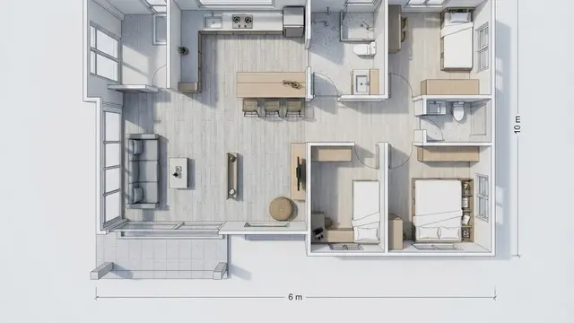 Denah Rumah 6x10 Meter 3 Kamar Tidur dengan Konsep Open Space