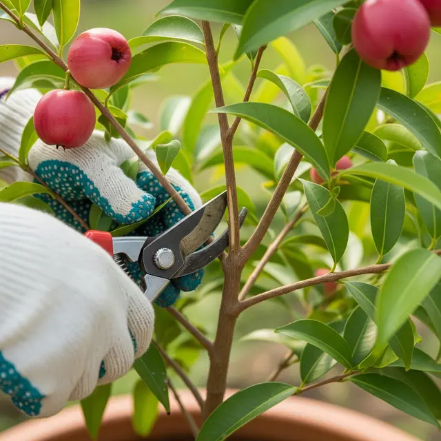 Pangkas Cabang yang Tumbuh Tegak dan Tidak Produktif pada Pohon Buah Jambu Bol Kerdil (AI Generated)
