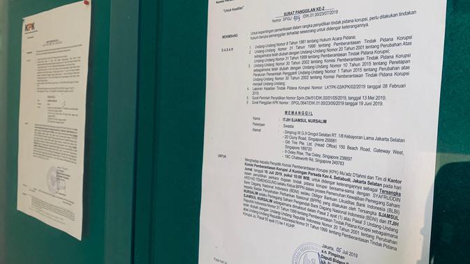 Surat panggilan untuk pemeriksaan tersangka kasus BLBI, Sjamsul Nursalim dan Itjih Nursalim. (Foto: Istimewa)