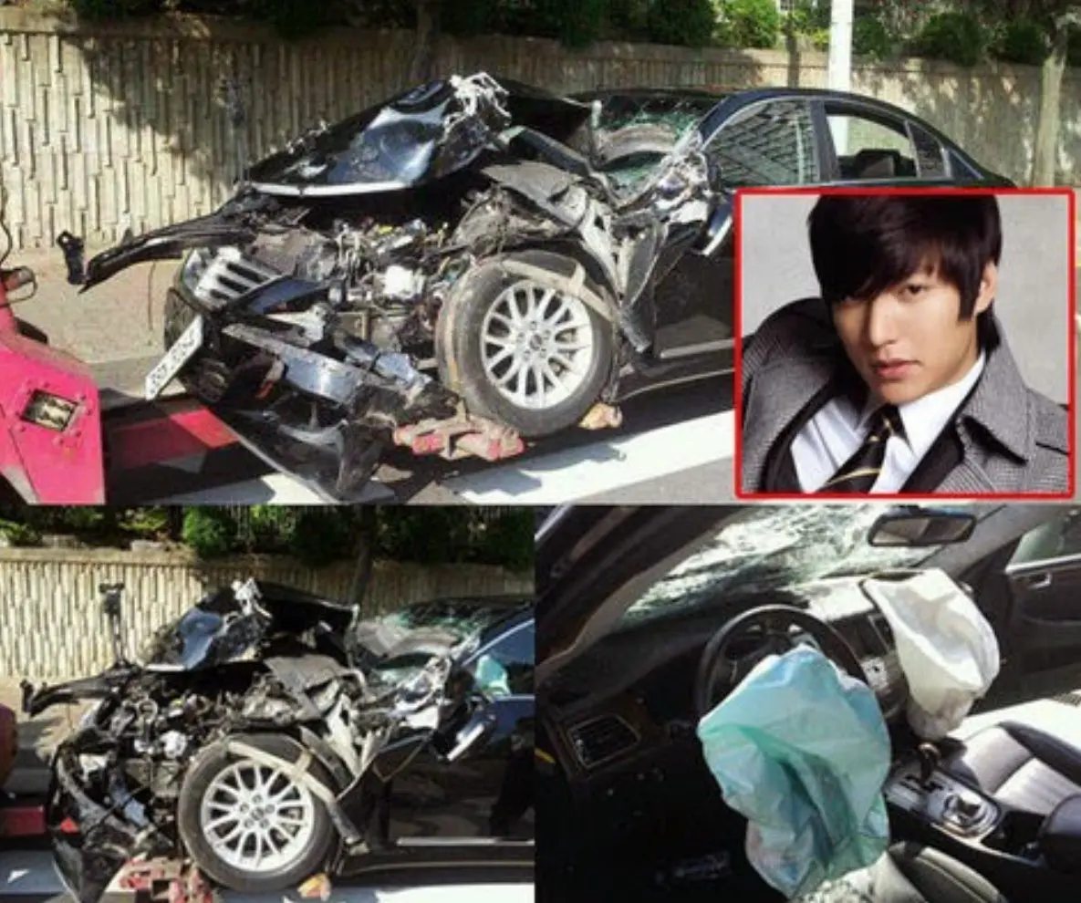 Mobil Lee Min Ho saat mengalami kecelakaan di tahun 2011 setelah ia menjalani syuting City Hunter (Foto : Pinterest)