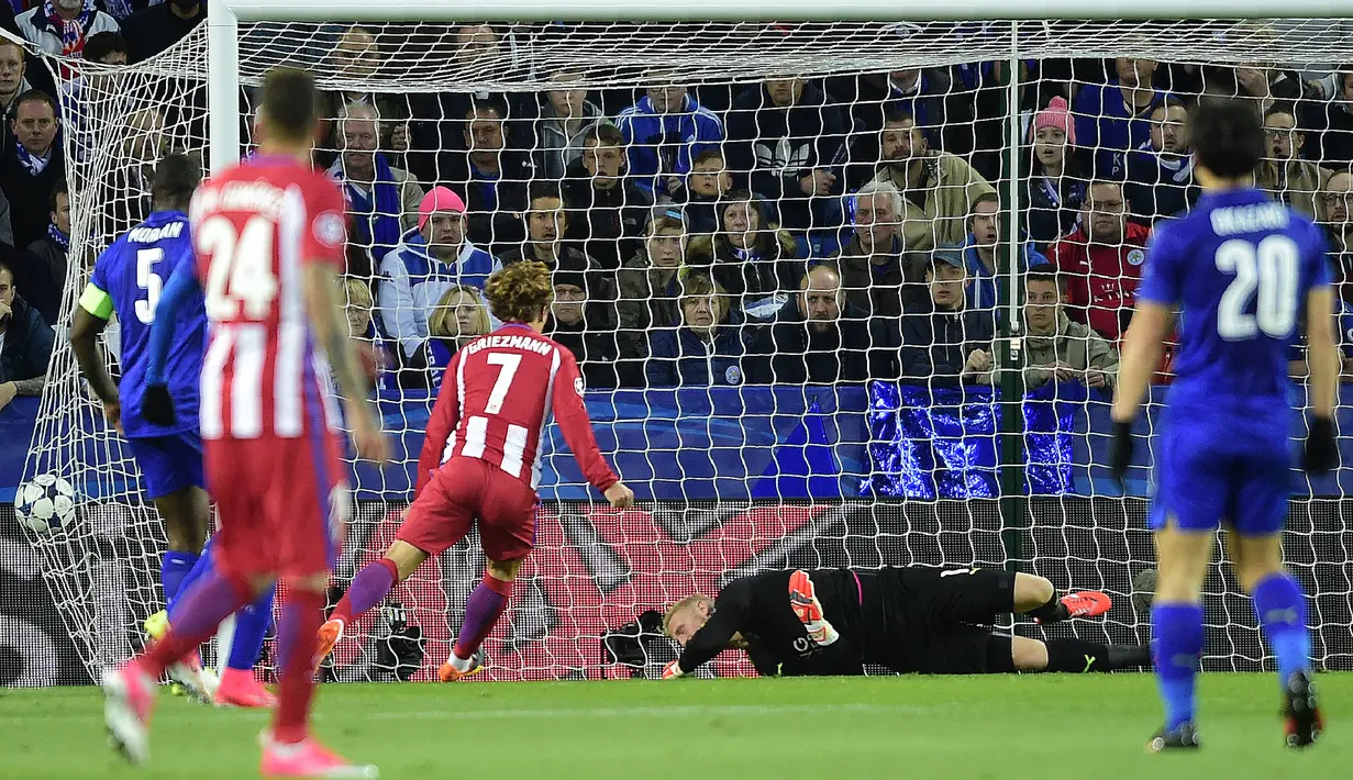 Leicester City. Atletico Madrid pernah menyingkirkan Leicester City di babak perempatfinal Liga Champions 2016/2017. Pada leg pertama di kandang Atletico (11/4/2017) Leicester kalah 0-1. Sementara di leg kedua (18/4/2017) berakhir imbang 1-1. Atletico menang agregat 2-1. (AFP/Miguel Riopa)