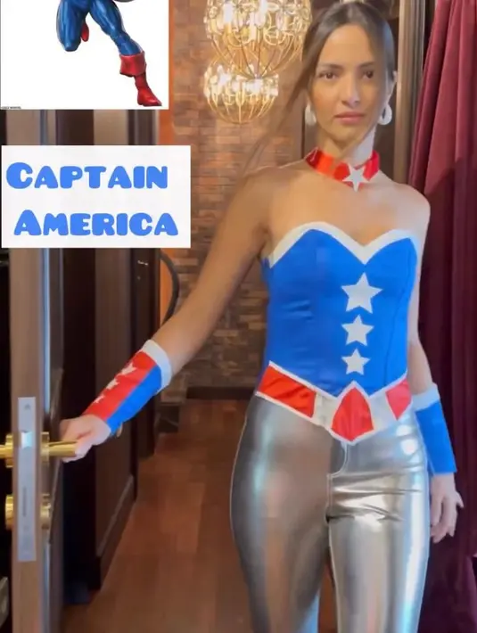 Nia Ramadhani tampil kece dengan kostum ala Wonder Women, berupa corset top, kalung dan gloves. [@zaskiasungkar15]