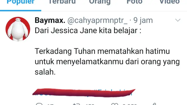 Unggahan soal Jessica Jane. (Foto: Twitter @cahyaprmnptr_)