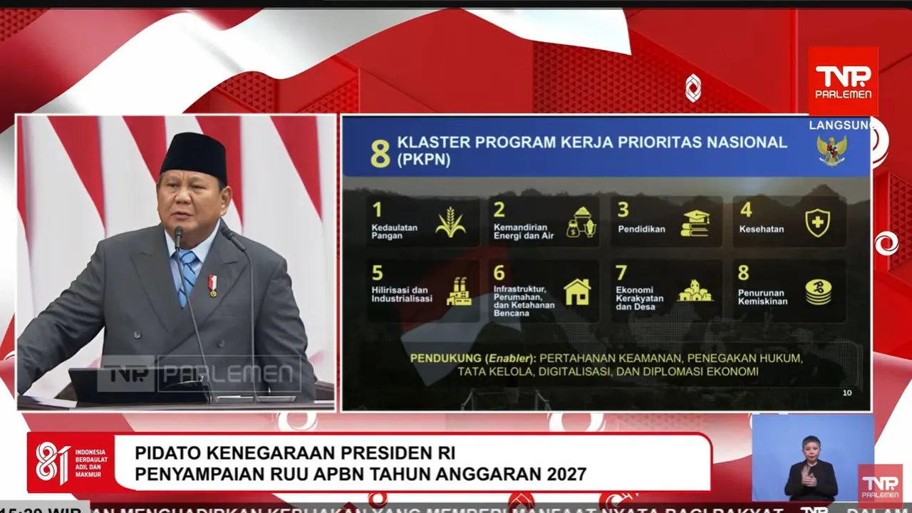 Presiden Prabowo Subianto dalam Rapat Paripurna DPR RI Ke- 1 Tahun Sidang 2026 - 2027 dan Penyampaian RUU APBN 2027 di Gedung DPR Jakarta, Jumat (14/8/2026).