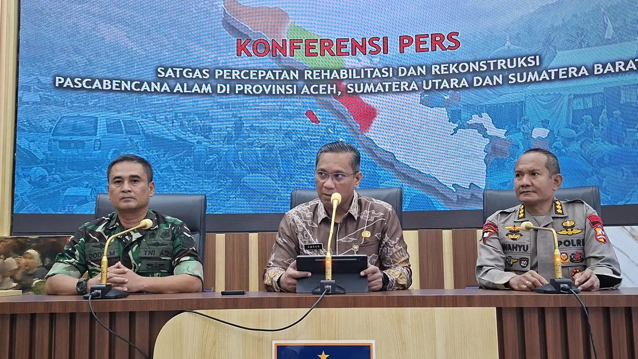 Konferensi pers perkembangan penanganan pascabencana di wilayah Sumatera di Kantor Pusat Kementerian Dalam Negeri. (Istimewa)