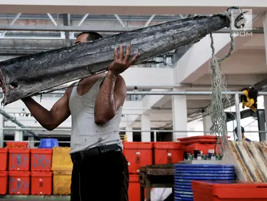 Pedagang membawa ikan di Pasar Ikan Modern (PIM) Muara Baru, Jakarta, Kamis (21/2). PIM Muara Baru mulai ditempati pedagang yang sebelumnya berjualan di Pasar Pelelangan Ikan (PPI). (Merdeka.com/Iqbal Nugroho)