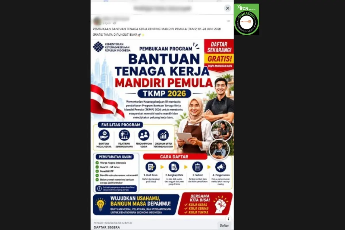 Cek Fakta Liputan6.com mendapati klaim link pendaftaran Bantuan Tenaga Kerja Mandiri Pemula 2026 dari Kemnaker.