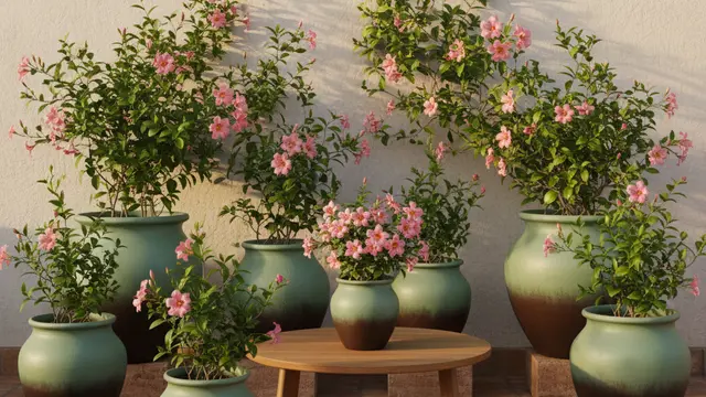 Model Teras Rumah Mungil yang Asri dengan Pot Tanaman Rambat. AI