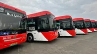 PT Transportasi Jakarta (Transjakarta) meluncurkan sebanyak 22 unit armada bus listrik terbaru dari operator eksisting Bianglala Metropolitan (BMP). (Liputan6.com/Winda Nelfira).
