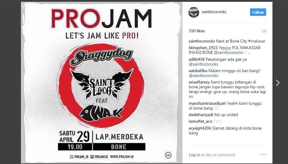 Iwa K dijadwalkan manggung bersama Saint Loco dan Shaggydog, Sabtu (29/4/2017) malam (Instagram)