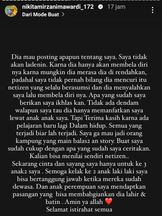 Pernyataan sikap Nikita Mirzani setelah Antonio Dedola minggat dari rumah. (Foto: Dok. Instagram @nikitamirzanimawardi_172)