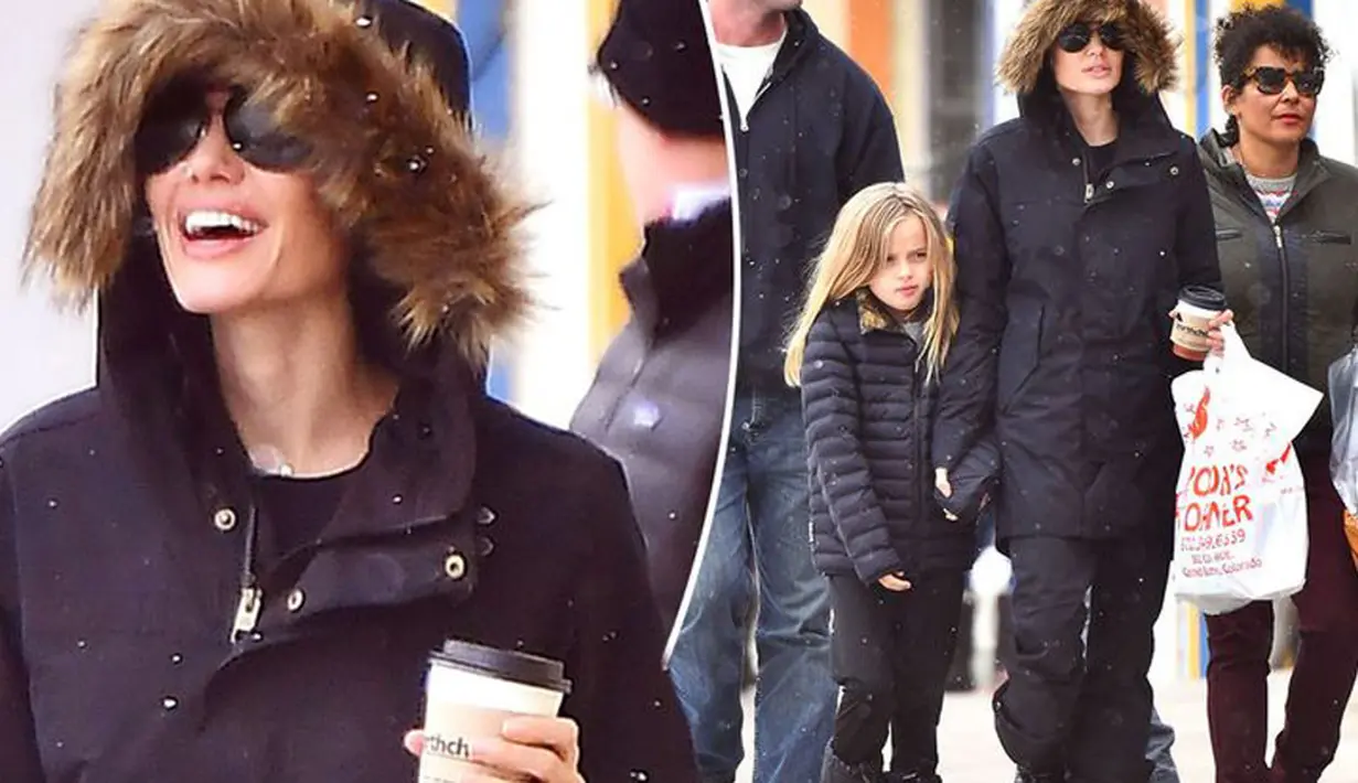 Dalam foto itu Jolie terlihat mengenakan jaket ski berwarna hitam dengan bulu-bulu di bagian penutup kepala. Berlenggang bersama anak-anaknya, Jolie tampak bahagia dan sehat meskipun masalah lagi bersamnya. (doc.mirror.co.uk)