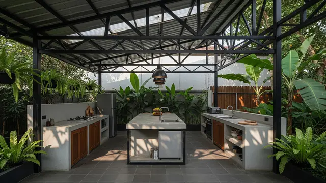 Desain Dapur Belakang Rumah yang Teduh dengan Rangka Baja Ringan/Gemini AI