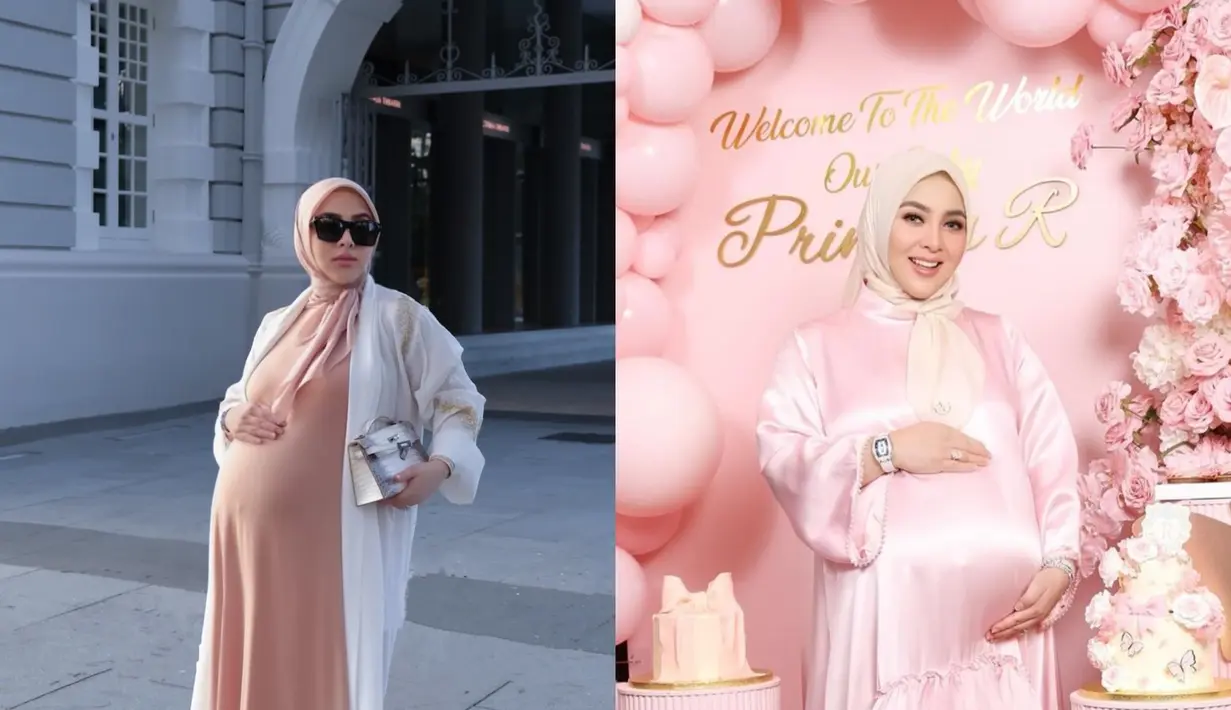 Detik-detik terakhir sebelum melahirkan, Syahrini membagikan foto OOTD bumil terakhirnya. Syahrini tampil elegan dengan dua busana berbeda, yakni dengan serba pink dan nude [@princessyahrini]