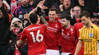 Nottingham Forest meraih kemenangan tujuh gol tanpa balas atas Brighton and Hove Albion pada laga pekan ke-24 Premier League di&nbsp;The City Ground, Nottingham, Sabtu (01/02/2025) malam WIB. (AFP/Oli Scarff)