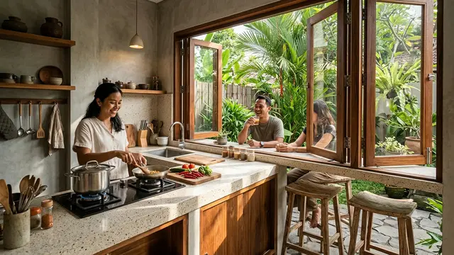 Dapur Konsep Bar Terbuka dengan Jendela Lipat