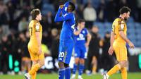 Patson Daka dari Leicester City bereaksi setelah pertandingan English Championship melawan Hull City di Leicester, Inggris, Selasa, 21 April 2026. (Jacob King/PA via AP)