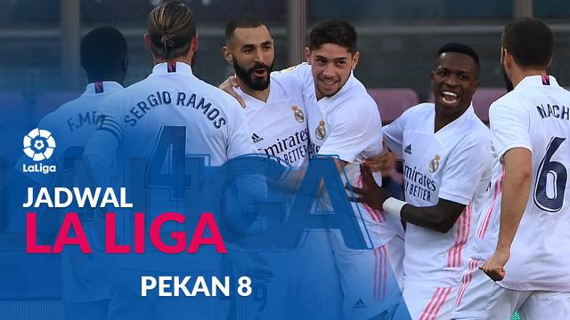 Berita motion grafis jadwal Liga Spanyol 2020-2021 pekan ke-8. Real Madrid hadapi Huesca di Stadion Alfredo Di Stefano, Madrid.