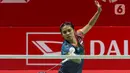 Pebulu tangkis tunggal putri Indonesia, Gregoria Mariska Tunjung saat tampil melawan Anupama Upadhyaya (India) pada laga 32 besar Indonesia Masters 2025 di Istora Gelora Bung Karno, Senayan, Jakarta, Rabu (22/1/2025). (Liputan6.com/Herman Zakharia)