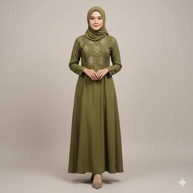 Model Gamis Batik Kombinasi Polos Warna Olive Cocok untuk Lamaran Sederhana. Gemini