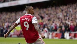 Selebrasi Gabriel Jesus usai mencetak gol untuk Arsenal (c) AP Photo