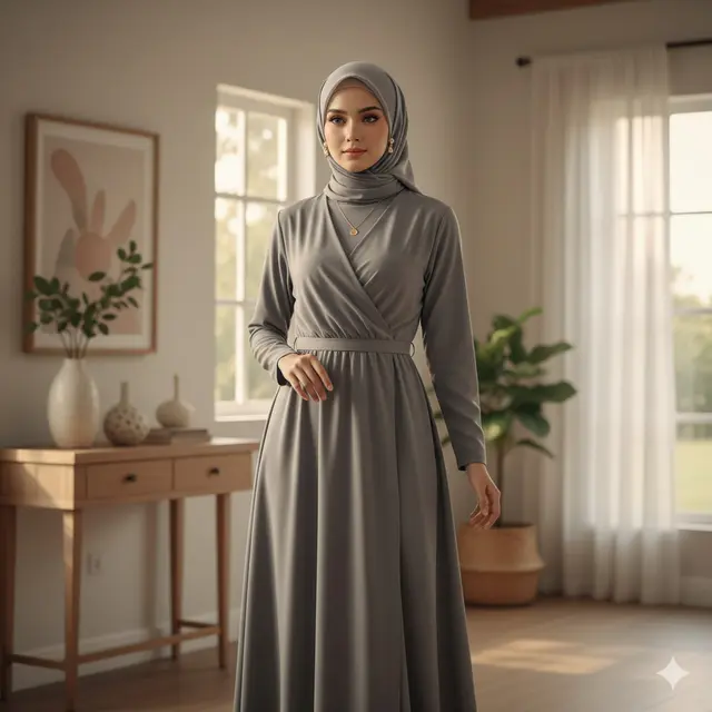 Long Dress Bahan Crepe dengan Potongan Wrap