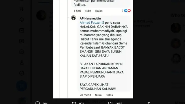 Salah seorang peneliti Badan Riset dan Inovasi Nasional (BRIN) Andi Pangerang (AP) Hasanuddin mengeluarkan sebuah pesan bernada ancaman bagi Muhammadiyah.