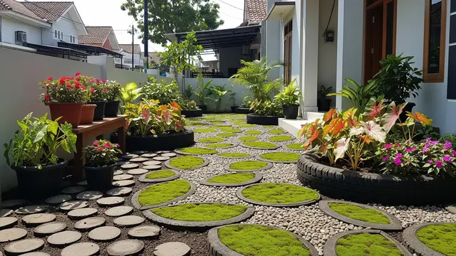 Desain Kebun Rumah Unik dari Ban Bekas untuk Halaman Kecil Model Jalur Setapak Berpola Ban