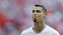 Striker Portugal, Cristiano Ronaldo, melakukan selebrasi usai mencetak gol ke gawang Maroko pada laga Piala Dunia di Stadion Luzhniki, Rabu (20/6/2018). Ronaldo menjadi pencetak gol internasional terbanyak di Eropa dengan 85 gol. (AP/Hassan Ammar)