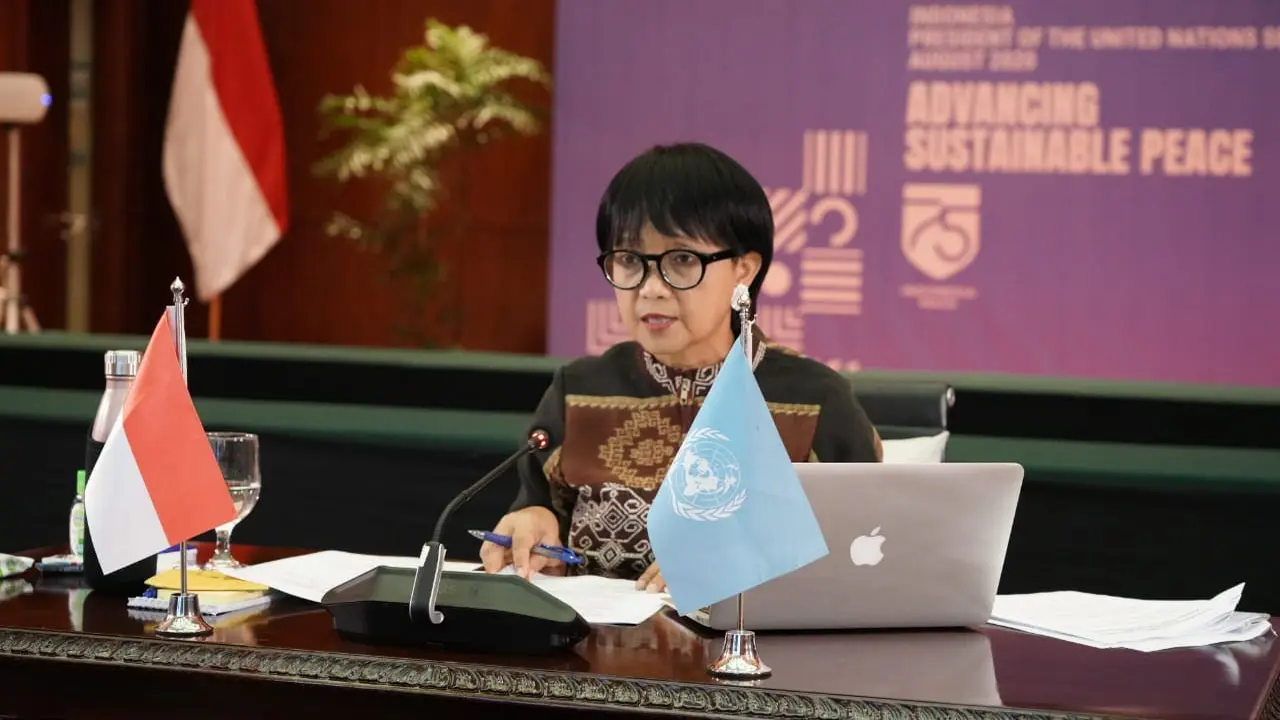 Menlu Retno saat memimpin sidang DK PBB kedua secara virtual pada Rabu, 12 Agustus 2020.